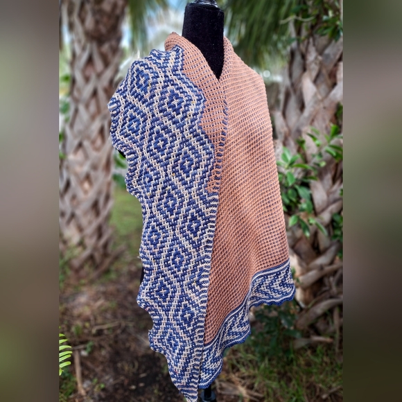 Hand Knit Shawl Blue Brown Beige Hand Dyed Yarn Mosaic Colorwork Soft Warm Cozy - Picture 14 of 16